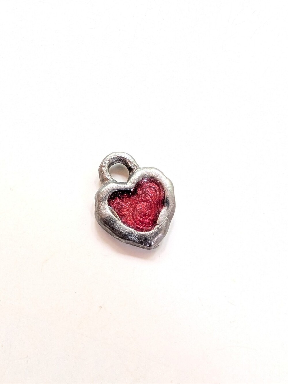 Vintage Silver Tone Red Swirl Enamel Rustic Mini Love Heart Charm Pendant